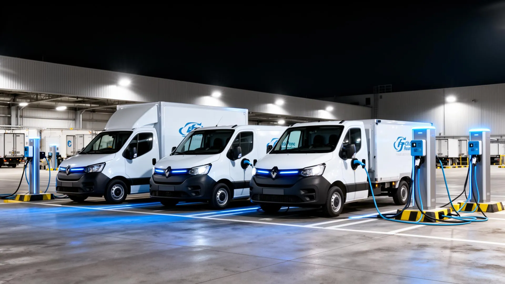 Electric commercial vans connected to charging equipment at a fleet depot